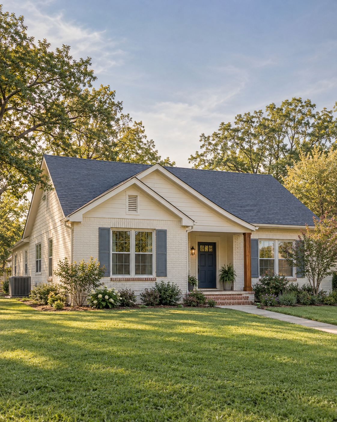 An inviting cream brick home with blue-gray roof, navy front door, and landscaped yard